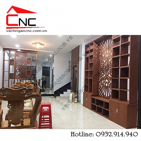 Nhà đẹp khi có vách ngăn phòng khách cnc kết hợp tủ kệ gỗ