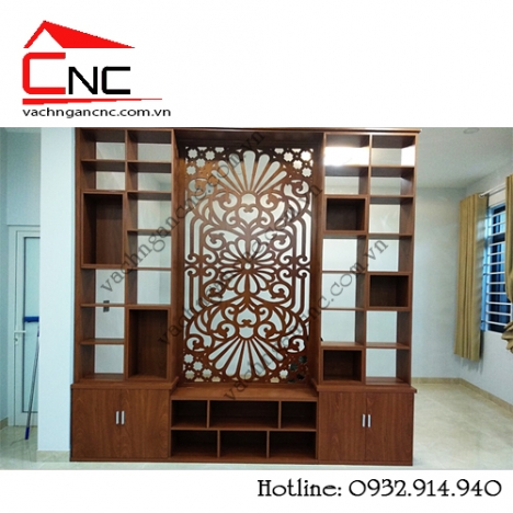 Nhà đẹp khi có vách ngăn phòng khách cnc kết hợp tủ kệ gỗ