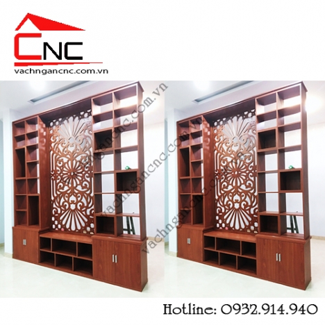 Nhà đẹp khi có vách ngăn phòng khách cnc kết hợp tủ kệ gỗ