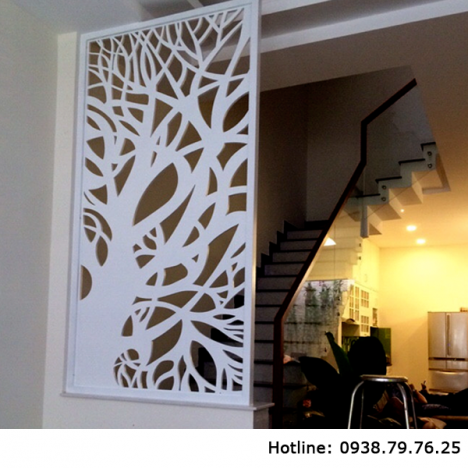 Thiết kế cầu thang giật cấp với vách ngăn cnc cầu thang và phòng khách