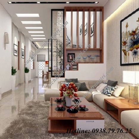 123 cầu thang và phòng khách đã có vách ngăn gỗ trang trí