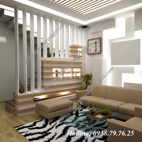 123 cầu thang và phòng khách đã có vách ngăn gỗ trang trí