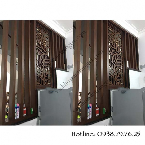 Kết hợp lam gỗ trang trí với vách ngăn kệ tủ cho phòng khách