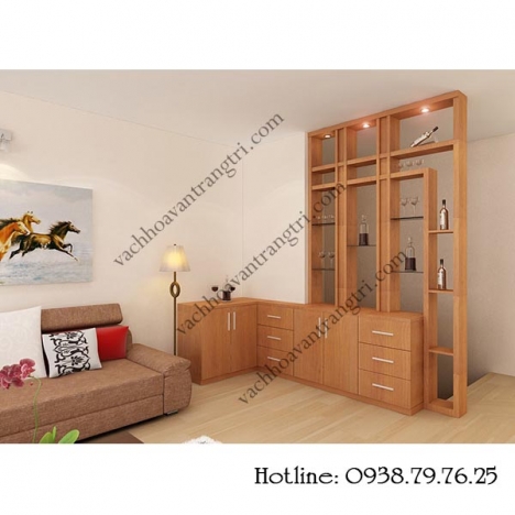 Kết hợp lam gỗ trang trí với vách ngăn kệ tủ cho phòng khách