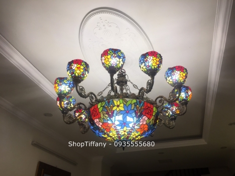 Đèn chùm Tiffany hoa hồng 12 tay