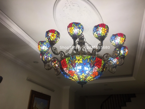 Đèn chùm Tiffany hoa hồng 12 tay