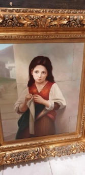Tranh Pháp em bé gái đan khăn len