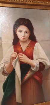 Tranh Pháp em bé gái đan khăn len
