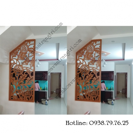 Che cầu thang bằng vách ngăn gỗ hoa văn cnc đẹp mắt