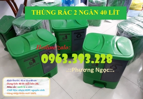 Thùng rác 2 ngăn đạp chân, thùng rác nhựa 2 ngăn 40L, thùng rác đạp chân 2 ngăn phân loại