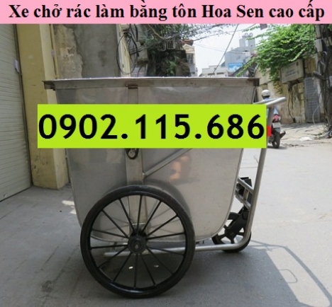 Xe chở rác bằng tôn, xe đẩy rác bằng tôn, xe rác tôn 400L, xe rác tôn 500L,