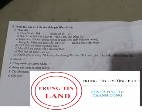 Cần bán Gấp 103,4 mét thổ cư, mặt tiền giá 1,23 tỷ tại Đồng Nai.