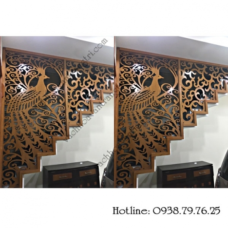 Vách ngăn hoa văn cầu thang cnc bằng gỗ không chiếm diện tích