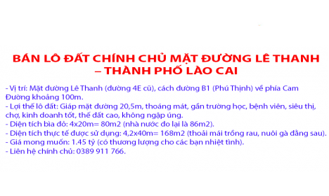 Bán Lô Đất Chính Chủ Mặt Đường Lê Thanh – Thành Phố Lào Cai