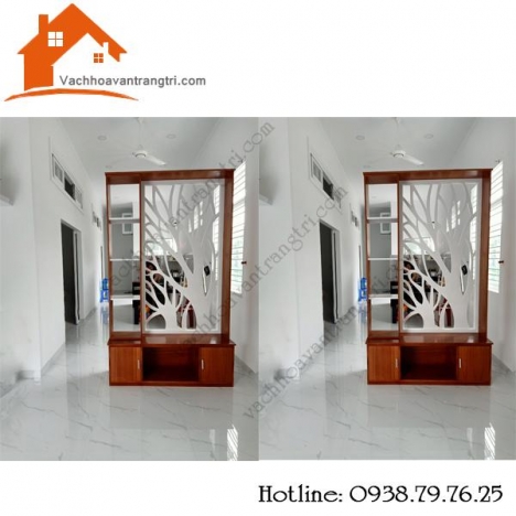 Thi công vách ngăn cnc bằng gỗ kết hợp với tủ kệ tại Lê Ngã