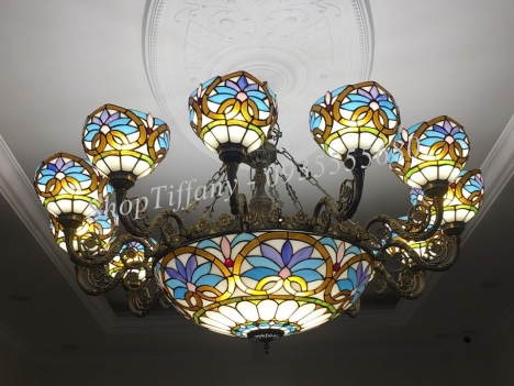 Bộ đèn chùm Tiffany họa tiết sen tây