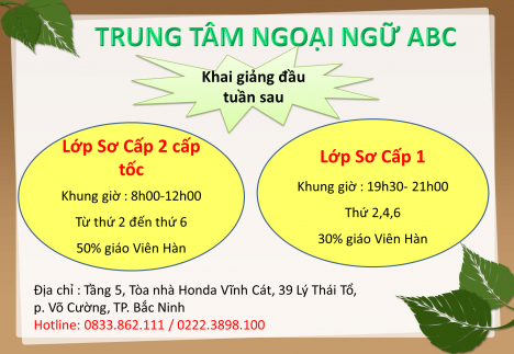 Tiếng hàn ABC tuyển sinh lớp sc1 và sc2
