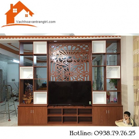 Kệ gỗ ngăn phòng khách cùng vách ngăn hiện đại