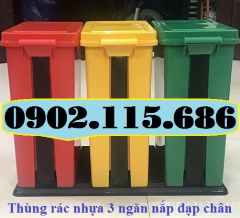 Thùng rác nhựa 3 ngăn, thùng rác 3 ngăn phân loại rác, thùng rác nhựa đạp chân 3 ngăn, thùng rác văn