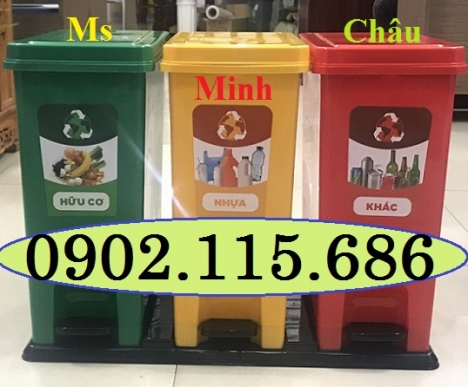 Thùng rác nhựa 3 ngăn, thùng rác 3 ngăn phân loại rác, thùng rác nhựa đạp chân 3 ngăn, thùng rác văn
