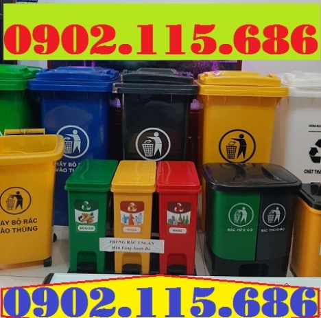 Thùng rác nhựa 3 ngăn, thùng rác 3 ngăn phân loại rác, thùng rác nhựa đạp chân 3 ngăn, thùng rác văn