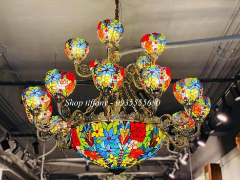 Bộ đèn chùm tiffany họa tiết hoa hồng