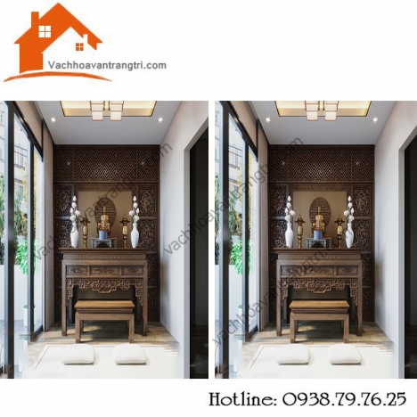 Vách ngăn hoa văn kết hợp với bộ bàn thờ gia tiên đẹp