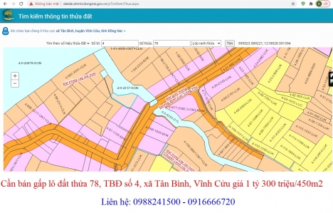 Cần bán gấp thửa 78, tờ số 4, ấp Bình Lục, xã Tân Bình, Vĩnh Cửu giá 1150 triệu/450m2