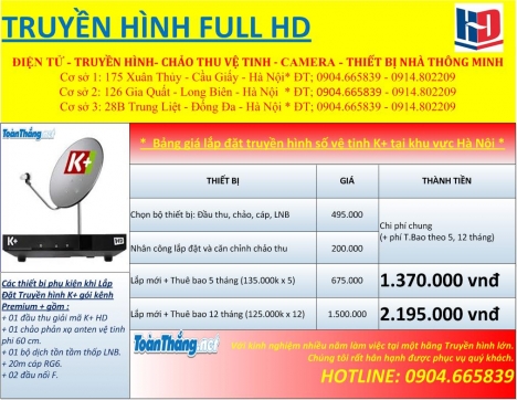 Lắp đặt K+, lắp truyền hình K+, chảo thu vệ tinh K+