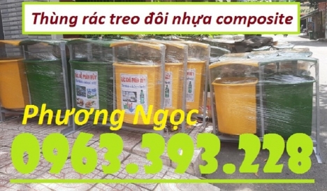 Thùng rác treo đôi 80 Lít, thùng rác 2 ngăn có mái che, thùng rác treo đôi nhựa composite