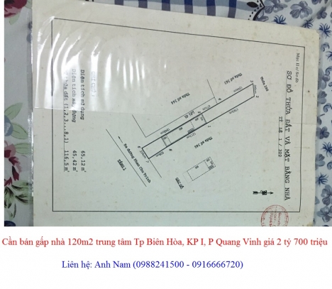 Cần bán gấp nhà 120m2 trung tâm Tp Biên Hòa, KP I, P Quang Vinh giá 2 tỷ 700 triệu