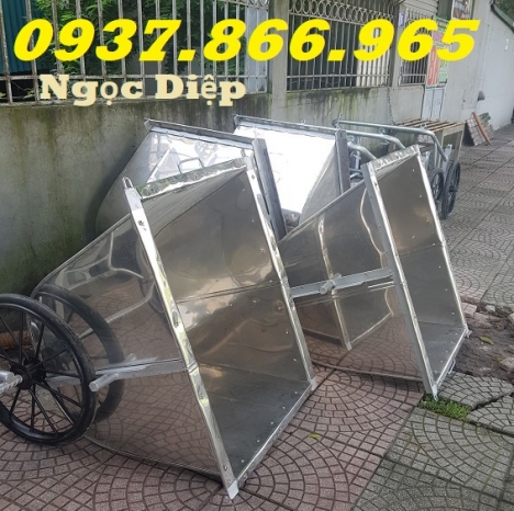 Xe đẩy thu gom rác, xe gom rác đẩy tay inox, xe rác inox 3 bánh