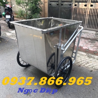Xe đẩy thu gom rác, xe gom rác đẩy tay inox, xe rác inox 3 bánh