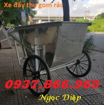 Xe đẩy thu gom rác, xe gom rác đẩy tay inox, xe rác inox 3 bánh