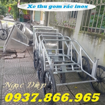 Xe đẩy thu gom rác, xe gom rác đẩy tay inox, xe rác inox 3 bánh
