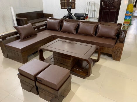 SOFA GỖ KÈM ĐỆM DA CAO CẤP
