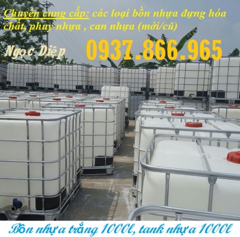Tank nhựa IBC 1000 lít, Bồn nhựa trắng đựng hóa chất 1 khối, bồn nhựa có khung mạ kẽm