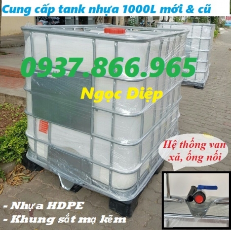 Tank nhựa IBC 1000 lít, Bồn nhựa trắng đựng hóa chất 1 khối, bồn nhựa có khung mạ kẽm