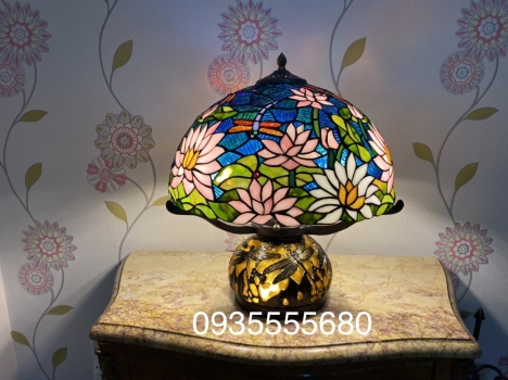 Đèn hai thân tiffany nấm họa tiết hoa sen