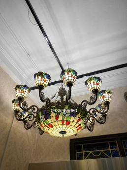 Giao lưu bộ đèn chùm tiffany 12 tay hoạ tiết hoa leo hàng Mỹ