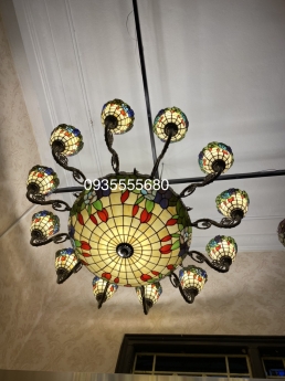 Giao lưu bộ đèn chùm tiffany 12 tay hoạ tiết hoa leo hàng Mỹ