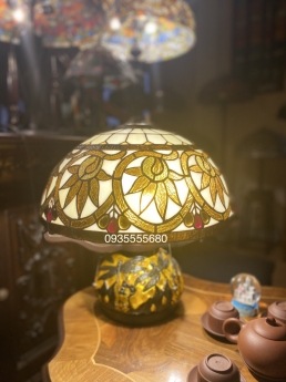 Đèn tiffany nấm hai thân hoạ tiết hoa sen tây