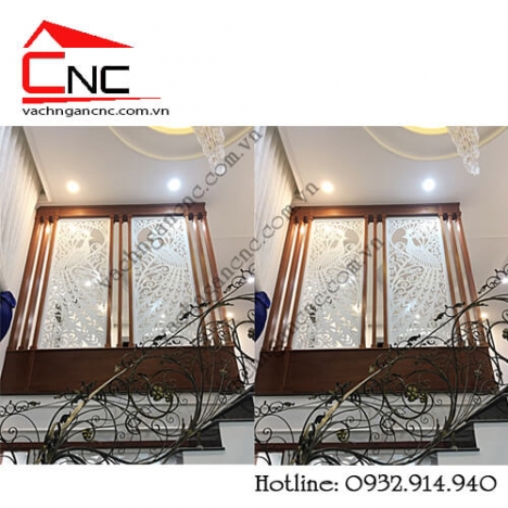 Trang trí phòng khách đẹp với vách ngăn hoa văn gỗ