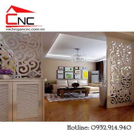 Trang trí phòng khách đẹp với vách ngăn hoa văn gỗ