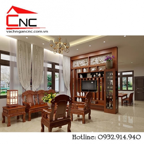 Trang trí phòng khách đẹp với vách ngăn hoa văn gỗ