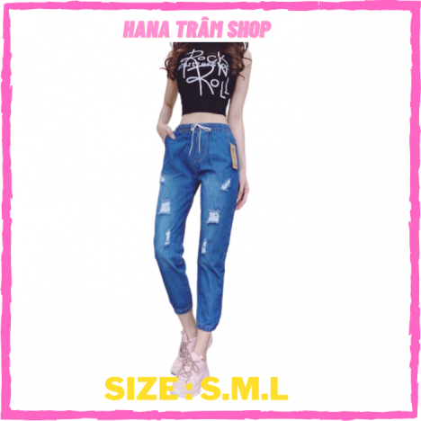 Quần Baggy Jean Nữ Rách Bo Lai