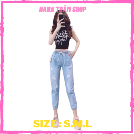 Quần Baggy Jean Nữ Rách Bo Lai