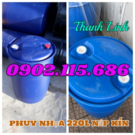 Thùng Phuy Nhựa 220 lít hai nắp nhỏ, thùng phuy nhựa nắp kín 220 lít