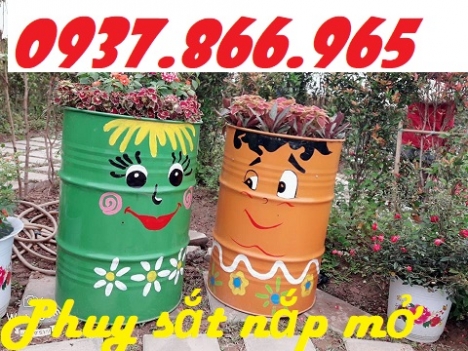 Phuy sắt cũ trồng cây, phuy sắt đựng chất nhuộn, phuy sắt dùng trong nghiệp