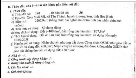 Chính chủ cần bán gấp 2207,9 m2 đất thổ cư mặt tiền hơn 40m tại Lương Sơn, Hoà Bình